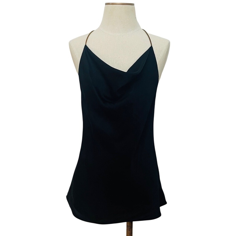 WAYF Womens Black Satin Cowl Neck Open Back Chain Strap Camisole‎ Top Large NWT